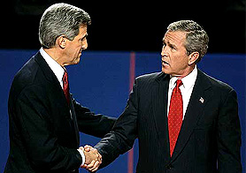 Democratic presidential nominee John Kerry shakes hand with US President George W. Bush