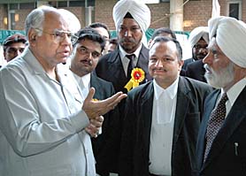 The Chief Justice, Punjab and Haryana Court, Mr Justice B.K. Roy, interacts with lawyers at the District Courts complex, Chandigarh
