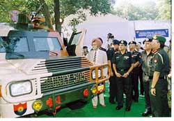 The Army Chief, General N. C. Vij, looks at an armoured vehicle developed specially for counter-insurgency operations by the Corps of EME in the Delhi Cantonment area on Friday. 