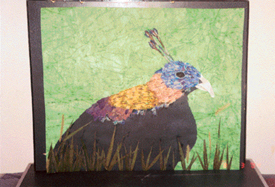 A collage of Monal, state bird of Himachal Pradesh, made from recycled paper, dry petals and grass.