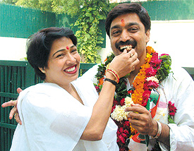 Victorious candidate Rajesh Lilothia with his wife in the Capital on Saturday