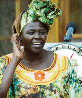 Nobel Peace Prize winner Wangari Maathai takes a question from the media after she was congratulated by Kenyan President Mwai Kibaki in Nairobi