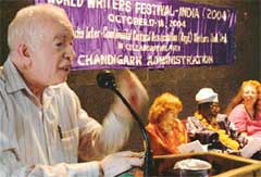 Punjabi writer Mohan Bhandari speaks at the World Writers Festival in Musafir Bhavan, Sector 24, Chandigarh, on Sunday. 