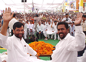 Union Minister Ram Vilas Paswan at a rally in Karnal on Sunday