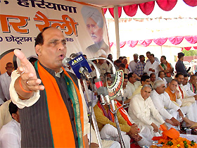 Mr Rajnath Singh, General Secretary of the BJP, addresses a rally in Rohtak on Sunday