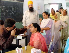 Patients being checked up at the fourth free medical camp organised by Swami Vivekanand Hospital in Ludhiana