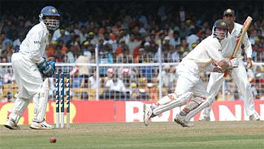 Australias Damien Martyn hits Harbhajan Singh for a four on the fourth day of the second Test at the MA Chidambaram Stadium in Chennai