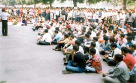 Students of PAU stage a dharna near the Thapar Hall, PAU, in Ludhiana on Monday