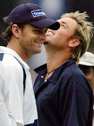 Australias captain Adam Gilchrist and team-mate Shane Warne are all smiles on the final day of the second Test in Chennai