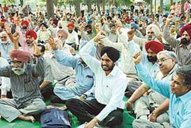 Members of the Punjab and Chandigarh College Teachers Union hold a dharna at Matka Chowk in Chandigarh on Tuesday. 