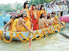 A scene depicting Lord Rama, Sita and Lakshmana, cross river was enacted at the Sukhna lake in Chandigarh on Tuesday. 