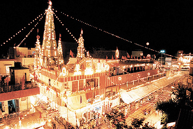 A view of an illuminated Santoshi Mata Mandir at Hari Nagar in the Capital