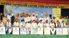 Recipients of the Prof Mohan Singh award at Punjabi Bhavan in Ludhiana on Wednesday