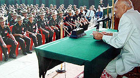 Governor of Jammu and Kashmir, Lieut-Gen S K Sinha (retd), addresses a special Sainik Sammelan to mark the Diamond Jubilee of 3/5 Gorkha Rifles' Battle Honour Tiddim at Chandimandir on Thursday.