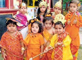 Students of Pearls Nursery School dressed up as different characters in Ramayana at a function held on the school campus in Ludhiana