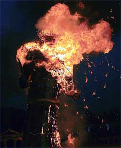 An effigy of Ravana goes up in flames in Ludhiana on Friday