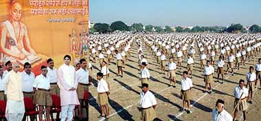 RSS members during the Vijaya Dashmi function of the RSS at Dr Hedgewar Smruti Mandir in Nagpur, attended by BJP chief L.K. Advani and Varun Gandhi, on Friday.