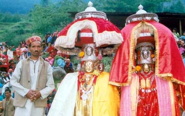 Deities being brought from different villages to participate in the world-famous Kulu Dasehra at Dhalpur ground in Kulu