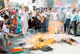 Activists of the BJP burn an effigy of Capt Amarinder Singh near Clock Tower in Ludhiana on Saturday