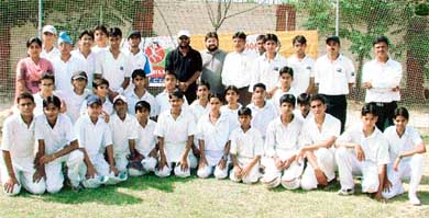 Players of Sacred Heart Senior Secondary School, BRS Nagar, and Sanatan Vidya Mandir, Civil Lines, pose before the start of a match in the PCA Parle Cricket Tournament