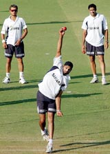 Indian off spinner Harbhajan Singh bowls at the nets 