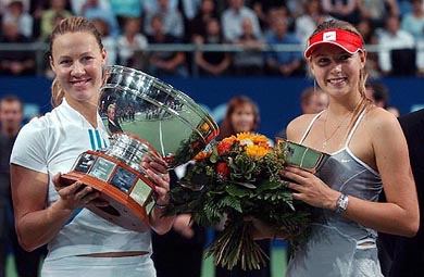 Winner of the Swisscom Challenge tennis tournament Alicia Molik of Australia and runner-up Maria Sharapova of Russia pose with their trophies in Kloten