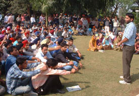 Students of Guru Nanak Engineering College stage a token demonstration in protest against the alleged attack on a college teacher in Ludhiana on Wednesday.