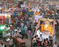 A view of the shobha yatra taken out on the occasion of Valmiki Jayanti in Ludhiana on Wednesday.