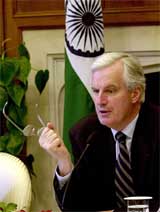 French Foreign Minister Michel Barnier talks to mediapersons at Hyderabad House in New Delhi 