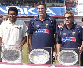 Vidharbha Cricket Association honoured Anil Kumble for scalping 400 Test wickets, Glenn McGrath of playing in his 100th Test and Shane Warne for emerging as the highest Test wicket-taker in the world, at Nagpur 