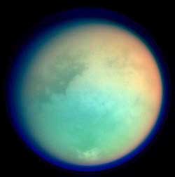 This image taken on Tuesday by the spacecraft Cassini shows Titan in ultraviolet and infrared wavelengths