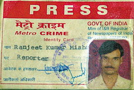 Ranjit Kumar Mishra's Press Identity Card.