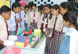 Students of Everest Public Senior Secondary School with a model at the annual science exhibition held in Ludhiana on Saturday