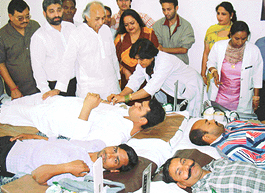 A view of the blood donation camp organised on the death anniversary of Indira Gandhi at Rajiv Bhavan, Sector 35, Chandigarh, on Sunday. 