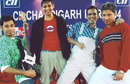 Members of music band Taan-Trikz perform at a CII fair in Chandigarh on Sunday.