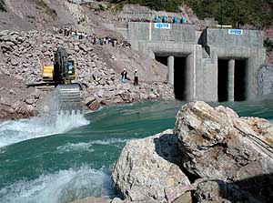 The Sutlej is diverted through two tunnels by the Kol Dam authorities on Saturday.