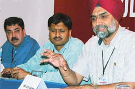 Mr D.S. Bains, Commisioner, NRIs, and president, Punjab Billards Association, adddresses a press conference in Ludhiana on Sunday