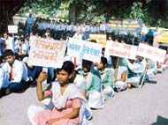 Students take part in a rally on Rashtriya Sankalp Divas to mark Indira Gandhis martyrdom day 
