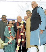 Welcome Home: Madan Lal Khurana is being greeted at his Kirti Nagar residence in the Capital on Monday. 