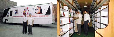 Dr Jaswant Singh with his mobile library; and inside the library
