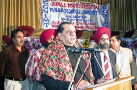 Punjab Education Minister Harnam Dass Johar speaks at the concluding function of the Zonal Youth Festival of Punjab Technical University at the Gujjaranwala Guru Nanak Institute for Management and Technology, Ludhiana