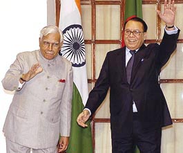 External Affairs Minister K. Natwar Singh with Bangladesh Foreign Minister M. Morshed Khan during a meeting in New Delhi in Monday. 