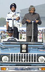 President A. P. J. Abdul Kalam inspects the parade before presenting colours to 1-Base Repair Depot at Air Force Station, Kanpur on Monday.