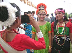 Assamese girls strike a pose during the first All India Dance and Drama festival in Patiala on Monday