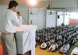 Mr Rishab Sharma of The Legends English Village during a seminar on spoken English at Sanatan Vidya Mandir Senior Secondary School