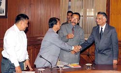 A. Lokendra introduces delegation members of Apunba Lup from Manipur, to Union Home Minister Shivraj Patil, before a meeting on the Armed Forces Special Power Act (AFSPA) in New Delhi on Tuesday.