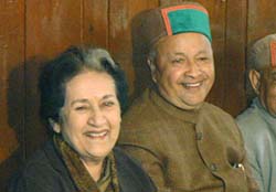 The Himachal Chief Minister, Mr Virbhadra Singh, and the PCC chief, Ms Vidya Stokes, share the dais at a party meeting at Congress office in Shimla on Wednesday. 