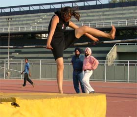 An athlete clears the bar in high jump at Guru Nanak Stadium in the under-19 category at the Ludhiana District Athletics Meet in Ludhiana