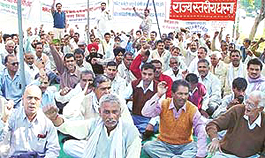 Members of the Haryana State Agricultural Board Employees Union hold a rally in front of Haryana Mandi Board office in support of their demands at Sector 6, Panchkula, on Thursday.