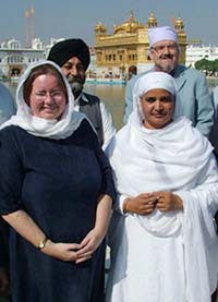 Canadian High Commissioner Lucie Edwards with SGPC President Jagir Kaur in front of the Golden Temple in Amritsar on Thursday. 